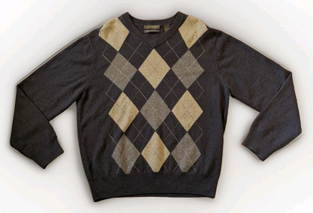 Paolo Mondo 100% Cashmere Sweater Mens M Black Argyle Crewneck Preppy